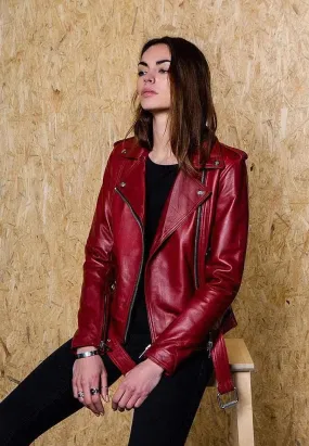 Women's Dark Red Leather Biker Jacket