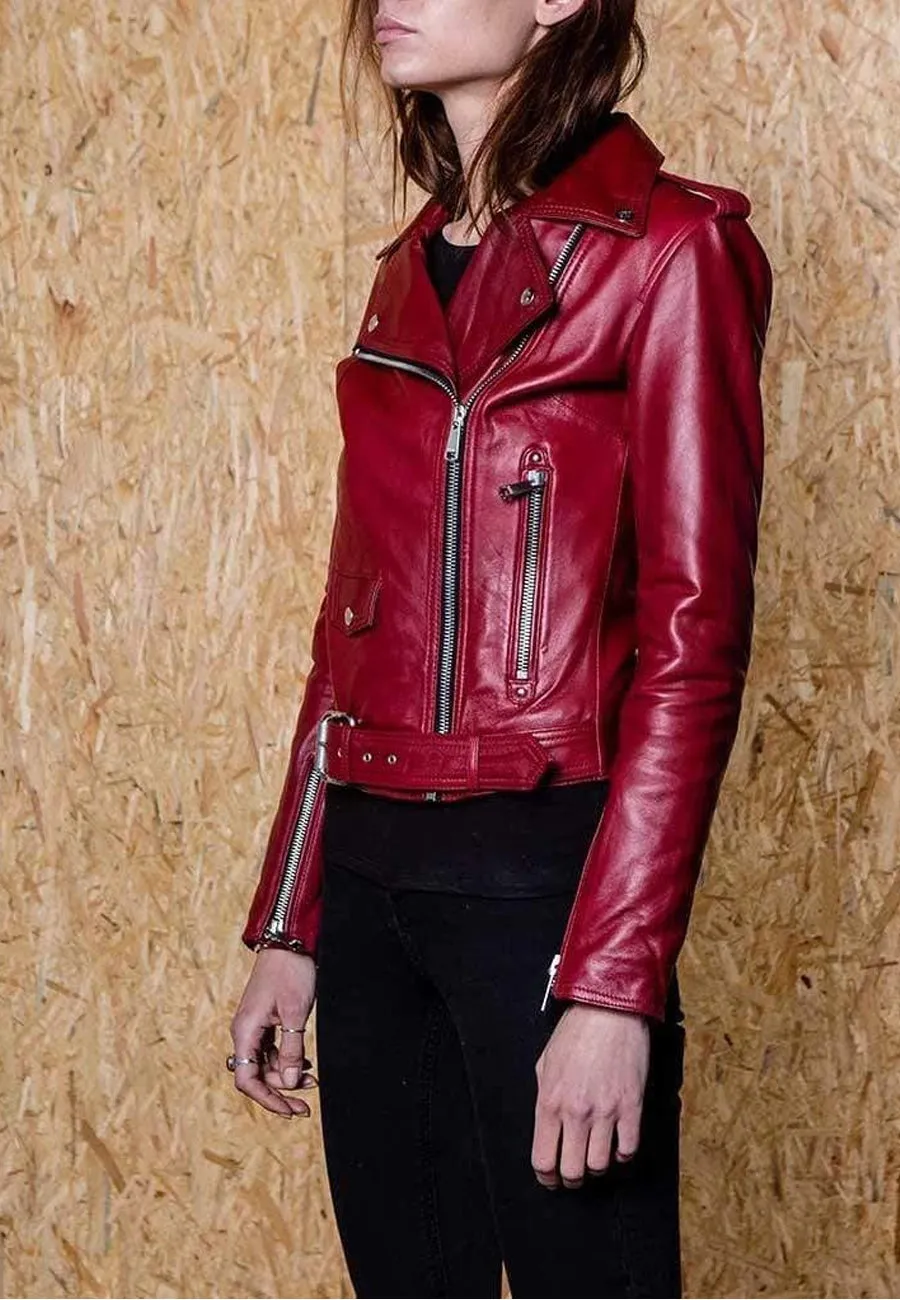 Women's Dark Red Leather Biker Jacket