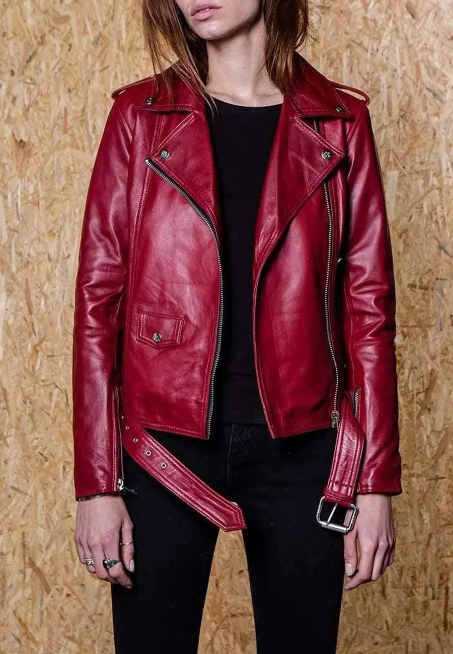 Women's Dark Red Leather Biker Jacket