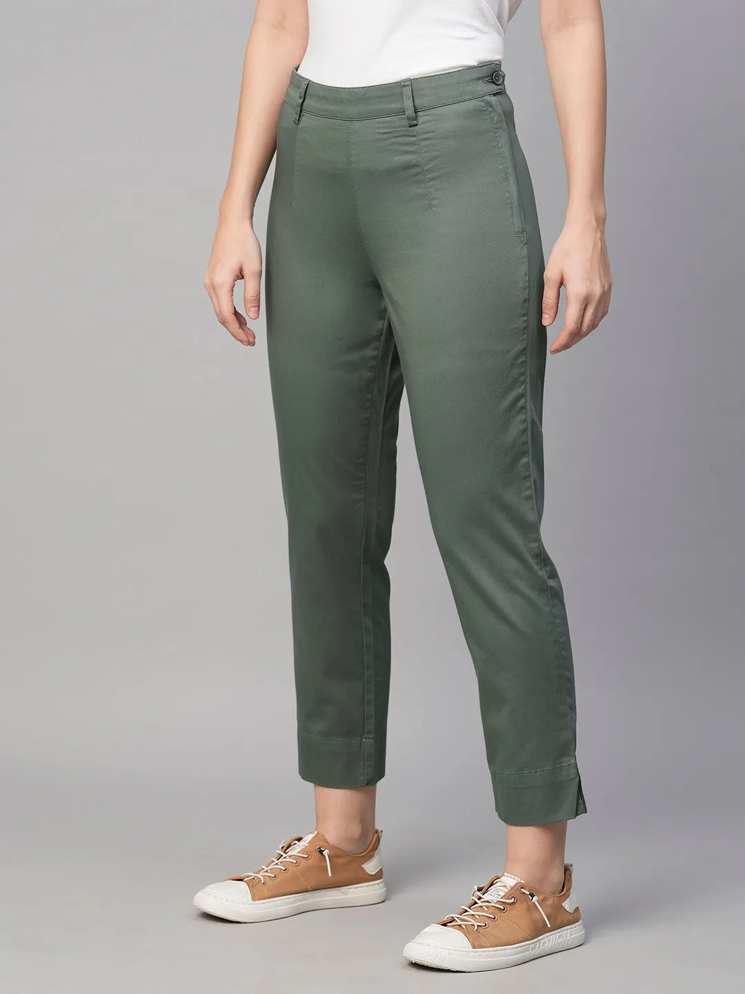 Women's Grey Cotton Elastane Regular Fit Pant