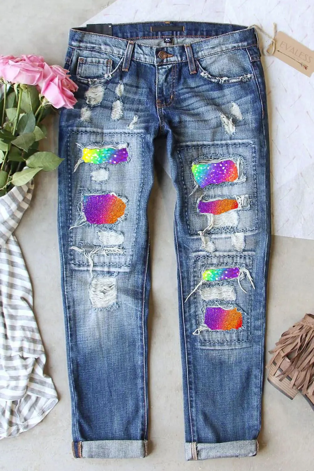 Women's Ombre Patchwork Destroyed Jeans Pride Boyfriend Denim Pants