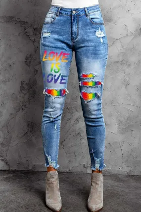 Women's Pride LGBT High Waisted Rainbow Ripped Jeans Destroyed Denim Pants