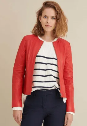 Women's Red Leather Crew Neck Jacket