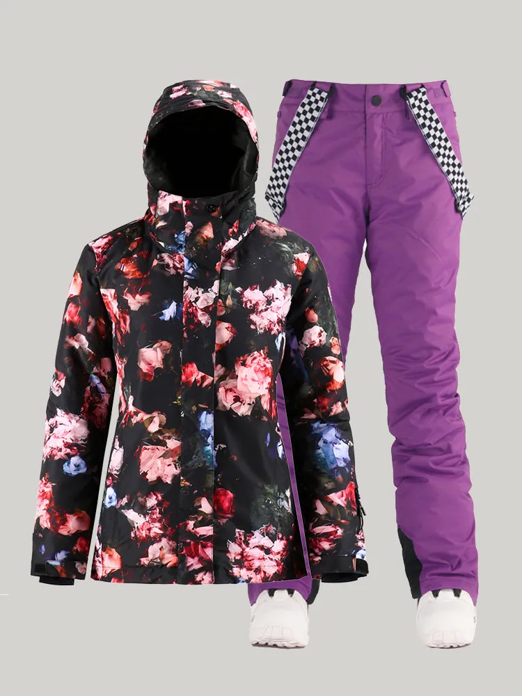 Women's Rose Waterproof Colorful Snowboard Jacket Black Pants Sets Ski Suits