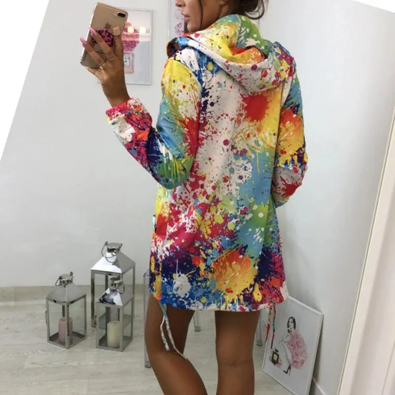 Womens Tie dyeing Print Feminino Casual Pockets Overcoat