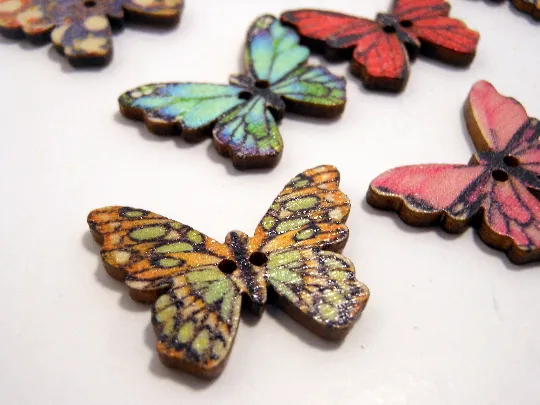 Wooden Buttons Set of 5: Printed Wooden Butterfly Buttons ~ Medium Flat Butterfly Wooden Buttons 1" Wide 3/4" High ~ Assorted Patterns