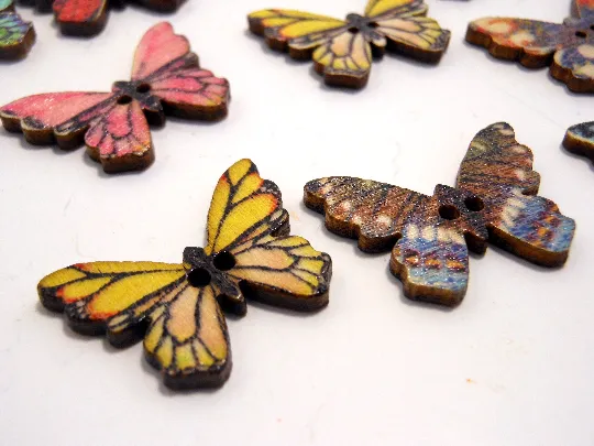 Wooden Buttons Set of 5: Printed Wooden Butterfly Buttons ~ Medium Flat Butterfly Wooden Buttons 1" Wide 3/4" High ~ Assorted Patterns