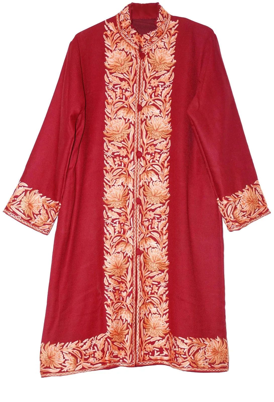 Woolen Coat Long Jacket Maroon, Multicolor Embroidery #BD-103