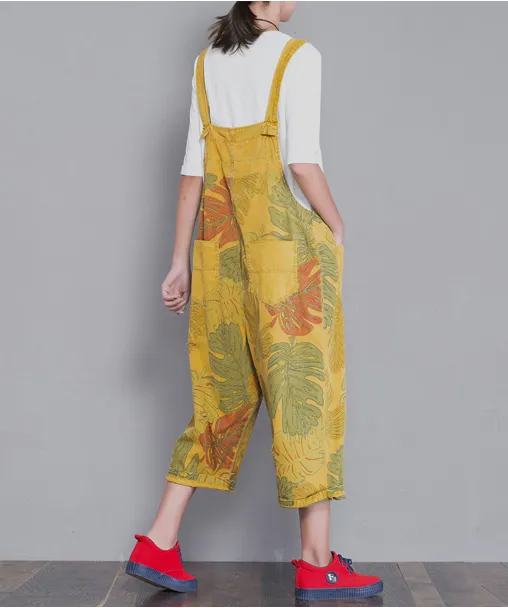 Yellow Floral Loose Denim Casual Spring Denim Overall Women Jumpsuits  QYCQ29