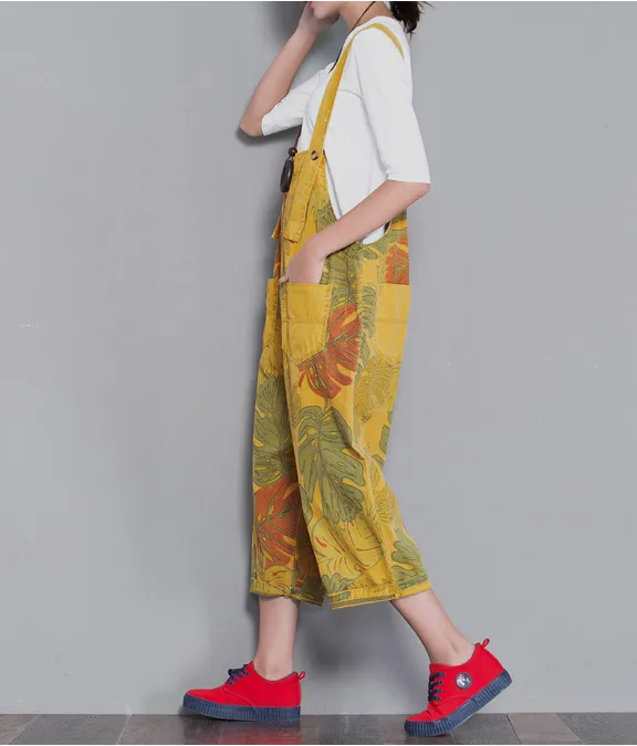 Yellow Floral Loose Denim Casual Spring Denim Overall Women Jumpsuits  QYCQ29