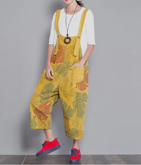 Yellow Floral Loose Denim Casual Spring Denim Overall Women Jumpsuits  QYCQ29