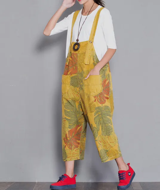 Yellow Floral Loose Denim Casual Spring Denim Overall Women Jumpsuits  QYCQ29