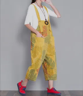 Yellow Floral Loose Denim Casual Spring Denim Overall Women Jumpsuits  QYCQ29