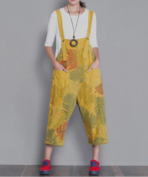 Yellow Floral Loose Denim Casual Spring Denim Overall Women Jumpsuits  QYCQ29