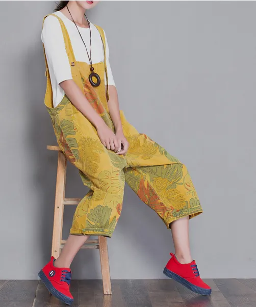 Yellow Floral Loose Denim Casual Spring Denim Overall Women Jumpsuits  QYCQ29